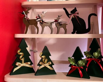 Painted Wood Holiday Decor: Reindeer or Tree Set