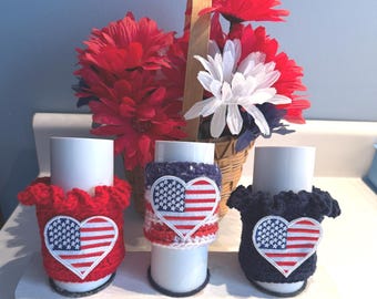 Patriotic USA Cup Cozy: Red, White & Blue Acrylic Yarn, Ruffle Top