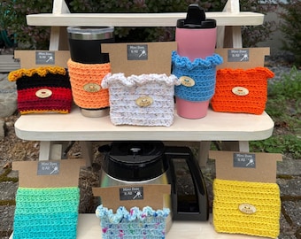 Crochet Cup Cozy: 'Time for Coffee' Wooden Tag - Handmade Coffee Lover Sleeve