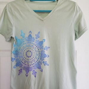 Short Sleeved Pale Green Hand Painted T-Shirt with Mandala Design