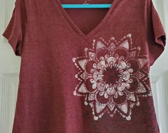 Short Sleeved Heather Red Hand Painted T-Shirt with Mandala Design