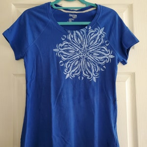 Short Sleeved Blue Hand Painted T-Shirt with Mandala Design