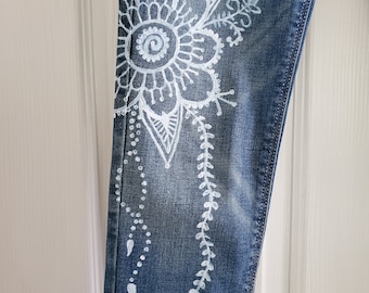 Hand painted jeans with white freeform Mehndi inspired design