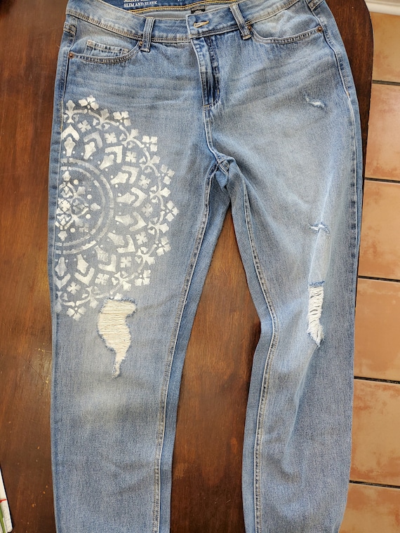 Hand Stenciled Jeans With White Mandala Design