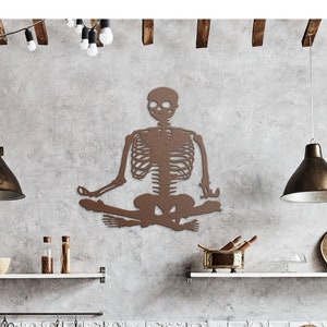 meditating skeleton, yoga skeleton, yoga wall art, wall decor, metal wall art, yoga wall hanging