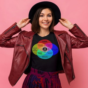 dystopian venn diagram tee, t-shirt, 1984, brave new world, dystopia, animal farm, handmaid, dystopic clothing, end of the world, Funny tee