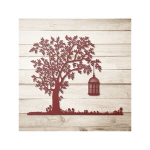 Metal Tree Wall Decor: Silhouette with Birdcage, Powder Coated Steel