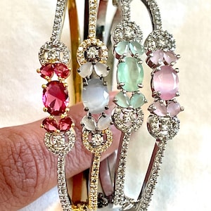 CZ Stone Kada Bracelet: Gold or Silver Plated, Size Medium , 2.4