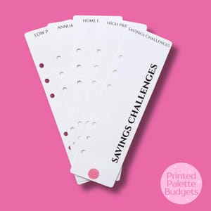 May include: White paper inserts for financial planning, featuring text such as "Savings Challenges" and "Home F". The inserts have holes for binding and a pink background.