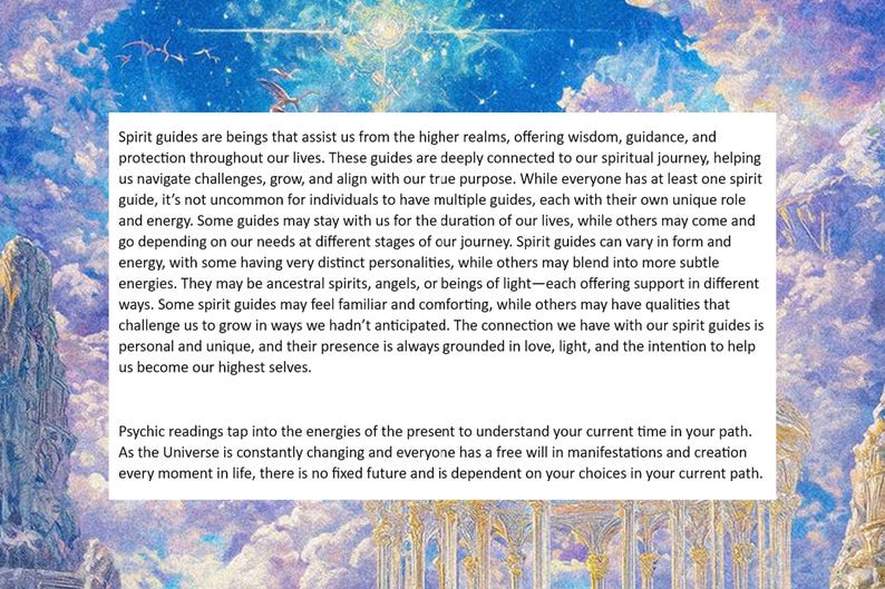K&ouml;nnte beinhalten: Eine farbenfrohe Illustration eines bew&ouml;lkten Himmels mit einem Zitat &uuml;ber spirituelle F&uuml;hrer. Das Zitat lautet: "Spirituelle F&uuml;hrer sind Wesen, die uns aus den h&ouml;heren Reichen unterst&uuml;tzen und Weisheit, F&uuml;hrung und Schutz in unserem Leben bieten. Diese F&uuml;hrer sind tief mit unserer spirituellen Reise verbunden und helfen uns, Herausforderungen zu meistern, zu wachsen und uns mit unserem wahren Zweck auszurichten. W&auml;hrend jeder mindestens einen spirituellen F&uuml;hrer hat, ist es nicht ungew&ouml;hnlich, dass Einzelpersonen mehrere F&uuml;hrer haben, jeder mit seiner eigenen einzigartigen Rolle und Energie. Einige F&uuml;hrer bleiben m&ouml;glicherweise ein Leben lang bei uns, w&auml;hrend andere kommen und gehen, je nach unseren Bed&uuml;rfnissen in verschiedenen Phasen unserer Reise. Spirituelle F&uuml;hrer k&ouml;nnen in Form und Energie variieren, wobei einige sehr ausgepr&auml;gte Pers&ouml;nlichkeiten haben, w&auml;hrend andere in subtilere Energien &uuml;bergehen. Sie k&ouml;nnen Ahnengeister, Engel oder Lichtwesen sein, die jeweils Unterst&uuml;tzung auf unterschiedliche Weise bieten. Einige spirituelle F&uuml;hrer f&uuml;hlen sich vertraut und tr&ouml;stlich an, w&auml;hrend andere Eigenschaften haben, die uns herausfordern, auf unerwartete Weise zu wachsen. Die Verbindung, die wir zu unseren spirituellen F&uuml;hrern haben, ist pers&ouml;nlich und einzigartig, und ihre Pr&auml;senz ist immer in Liebe, Licht und der Absicht verwurzelt, uns zu helfen, unser h&ouml;chstes Selbst zu werden."