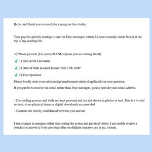 May include: A white informational document with black text detailing a psychic reading service. It requests the first and last name, date of birth, and a question from the client, while noting that the service is virtual and confidential.