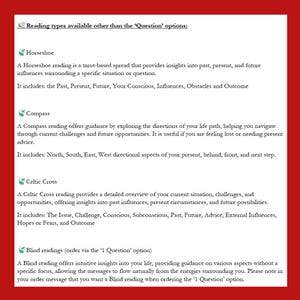 May include: A graphic with text describing different types of tarot readings, including Horseshoe, Compass, Celtic Cross, and Blind readings. The text explains the meaning and purpose of each reading type.