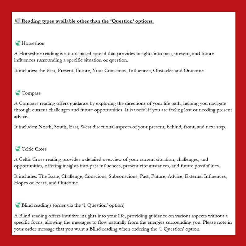 May include: A graphic with text describing different types of tarot readings, including Horseshoe, Compass, Celtic Cross, and Blind readings. The text explains the meaning and purpose of each reading type.