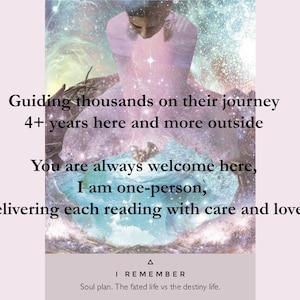 May include: A digital illustration of a person standing on a planet with a galaxy background. The text reads "Guiding thousands on their journey 4+ years here and more outside You are always welcome here, I am one-person, delivering each reading with care and love A I REMEMBER Soul plan. The fated life vs the destiny life."