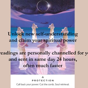 May include: A digital illustration of five figures standing in a snowy landscape with a dark circle in the sky. The text reads "Unlock new self-understanding and claim your spiritual power. All readings are personally channelled for you, and sent in same day 24 hours, often much faster. A PROTECTION Call back your power. Cut the cords. Soul retrieval."