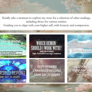 May include: A collage of six digital images, each depicting a different type of psychic reading. The images are titled: "Fairy Guide Psychic Reading", "Which Demon Should I Work With?", "Spirit Guide Reading", "Starseed Report", "Deity Reading Channeled Message", and "Deity Reading". Each image includes the text "Same Day 24 Hours".