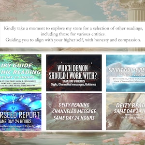 May include: A collage of six digital images, each depicting a different type of psychic reading. The images are set against a background of pink and white flowers. The readings include: Fairy Guide Psychic Reading, Which Demon Should I Work With?, Spirit Guide Reading, Starseed Report, Deity Reading Channeled Message, and Deity Reading Same Day 24 Hours.