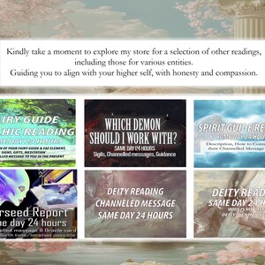 K&ouml;nnte beinhalten: Eine Collage aus sechs verschiedenen digitalen Lesediensten, jeder mit einem farbenfrohen Hintergrund und Text, der die Art der angebotenen Lesung beschreibt. Die Lesungen umfassen die psychische Lesung des Feenf&uuml;hrers, mit welchem D&auml;mon soll ich arbeiten?, die Lesung des Geisterf&uuml;hrers, den Sternenkind-Bericht, die kanalisierte Botschaft der Gottheit und die Lesung der Gottheit am selben Tag 24 Stunden.