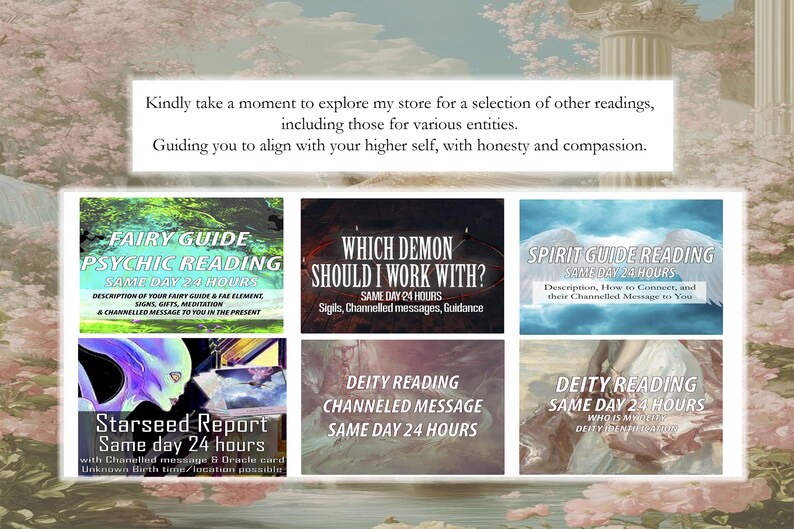 K&ouml;nnte beinhalten: Eine Collage aus sechs verschiedenen digitalen Lesediensten, jeder mit einem farbenfrohen Hintergrund und Text, der die Art der angebotenen Lesung beschreibt. Die Lesungen umfassen die psychische Lesung des Feenf&uuml;hrers, mit welchem D&auml;mon soll ich arbeiten?, die Lesung des Geisterf&uuml;hrers, den Sternenkind-Bericht, die kanalisierte Botschaft der Gottheit und die Lesung der Gottheit am selben Tag 24 Stunden.