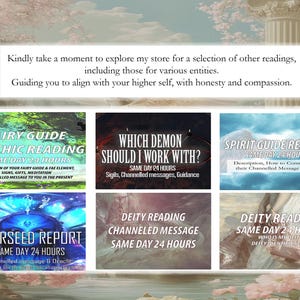 May include: A digital collage featuring six rectangular panels with text overlays. The panels include titles such as Fairy Guide Psychic Reading, Which Demon Should I Work With, Spirit Guide Reading, Starseed Report, and Deity Reading Channeled Message.