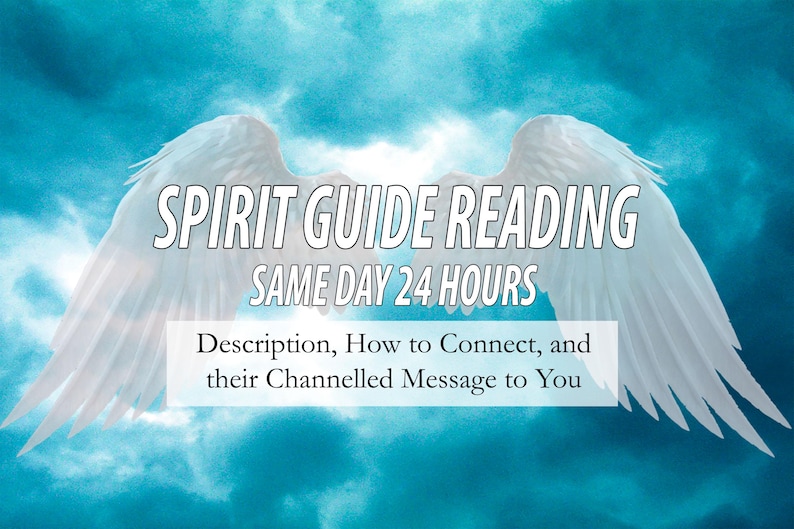 K&ouml;nnte beinhalten: Eine Grafik mit wei&szlig;en Engelsfl&uuml;geln vor einem blauen Aquarellhintergrund. Der Text lautet "SPIRIT GUIDE READING SAME DAY 24 HOURS Description, How to Connect, and their Channelled Message to You."