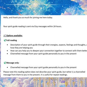 K&ouml;nnte beinhalten: Text auf wei&szlig;em Hintergrund mit einem blauen und violetten Aquarellhintergrund. Der Text lautet: "Hallo und vielen Dank, dass Sie heute hier dabei sind. Ihre spirituellen Leitfaden-Lesungen werden innerhalb von 24 Stunden &uuml;ber Etsy-Nachrichten versandt. Verf&uuml;gbare Optionen: Vollst&auml;ndige Lesung - Beschreibung Ihres spirituellen Leitfadens durch seine Energien, Aspekte, Gef&uuml;hle und Gedanken und wie er Ihnen hilft - Wie k&ouml;nnen Sie Ihnen helfen, Ihre Verbindung zu vertiefen, um sich besser mit ihm zu verbinden, - Kanalisierte Botschaft von Ihrem spirituellen Leitfaden pers&ouml;nlich an Sie in der Gegenwart Nur Nachricht: - Kanalisierte Botschaft von Ihrem spirituellen Leitfaden pers&ouml;nlich an Sie in der Gegenwart Bitte beachten Sie, dass diese Lesem&ouml;glichkeit Ihren spirituellen Leitfaden nicht beschreibt, sondern eher eine kanalisierte Botschaft von ihm an Sie in der Gegenwart ist. Sie ist n&uuml;tzlich f&uuml;r wiederholte Lesungen."