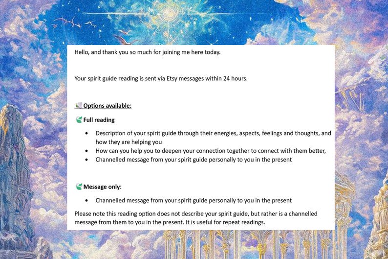 K&ouml;nnte beinhalten: Text auf wei&szlig;em Hintergrund mit einem blauen und violetten Aquarellhintergrund. Der Text lautet: "Hallo und vielen Dank, dass Sie heute hier dabei sind. Ihre spirituellen Leitfaden-Lesungen werden innerhalb von 24 Stunden &uuml;ber Etsy-Nachrichten versandt. Verf&uuml;gbare Optionen: Vollst&auml;ndige Lesung - Beschreibung Ihres spirituellen Leitfadens durch seine Energien, Aspekte, Gef&uuml;hle und Gedanken und wie er Ihnen hilft - Wie k&ouml;nnen Sie Ihnen helfen, Ihre Verbindung zu vertiefen, um sich besser mit ihm zu verbinden, - Kanalisierte Botschaft von Ihrem spirituellen Leitfaden pers&ouml;nlich an Sie in der Gegenwart Nur Nachricht: - Kanalisierte Botschaft von Ihrem spirituellen Leitfaden pers&ouml;nlich an Sie in der Gegenwart Bitte beachten Sie, dass diese Lesem&ouml;glichkeit Ihren spirituellen Leitfaden nicht beschreibt, sondern eher eine kanalisierte Botschaft von ihm an Sie in der Gegenwart ist. Sie ist n&uuml;tzlich f&uuml;r wiederholte Lesungen."