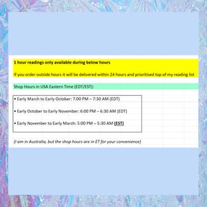 May include: A text-based image showing shop hours in Eastern Time (EDT/EST) for a business located in Australia. The hours are listed for different times of the year, with the hours changing from 7:00 PM to 7:30 AM (EDT) in the early months to 5:00 PM to 5:30 AM (EST) in the later months.