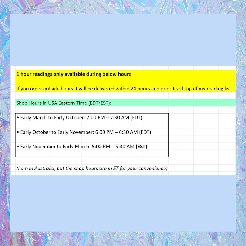 May include: A text-based image showing shop hours in Eastern Time (EDT/EST) for a business located in Australia. The hours are listed for different times of the year, with the hours changing from 7:00 PM to 7:30 AM (EDT) in the early months to 5:00 PM to 5:30 AM (EST) in the later months.