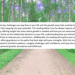 May include: A motivational quote about overcoming challenges and achieving personal growth, displayed on a white background with a blurred image of a path through a forest.