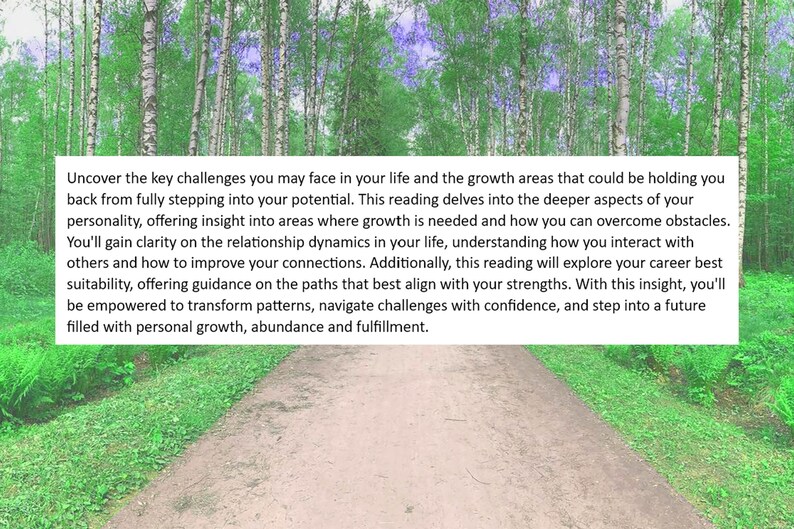 May include: A motivational quote about overcoming challenges and achieving personal growth, displayed on a white background with a blurred image of a path through a forest.