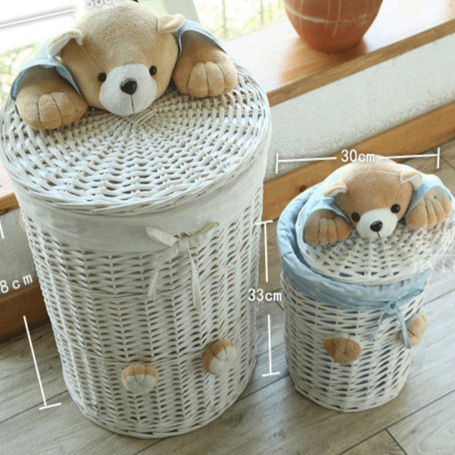 Kids slim laundry basket with lid white blue washing basket Etsy