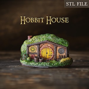 May include: A miniature hobbit house model with a green grassy roof, brown brick walls, a round yellow door, and decorative details. The model is made of resin and is perfect for a miniature garden or fairy garden.
