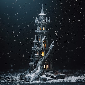 Op de afbeelding: Een miniatuur stenen toren met een gloeiend raam, bedekt met sneeuw tegen een donkere achtergrond.