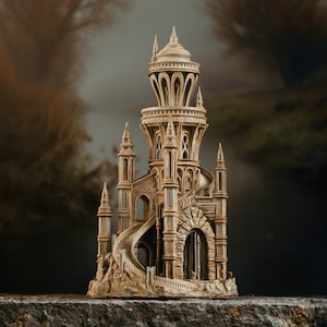 May include: A detailed wooden model of a spiral tower castle with intricate details and a winding staircase. The castle is made of light brown wood and has a dark brown base.