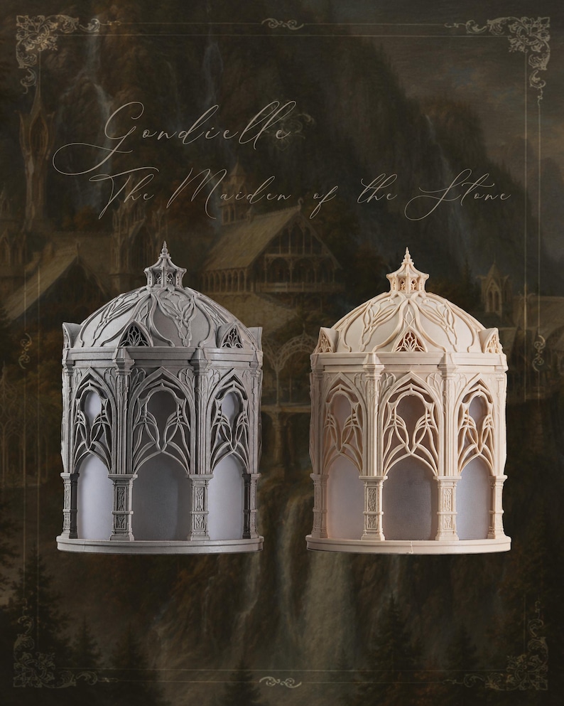 Puede incluir: Dos estructuras arquitect&oacute;nicas, una gris y otra beige, con intrincados arcos g&oacute;ticos, columnas y un techo abovedado con detalles ornamentados. El texto "Gondielle The Maiden of the Stone" aparece sobre las estructuras.
