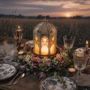 Puede incluir: Una linterna beige en forma de c&uacute;pula con intrincados recortes de estilo g&oacute;tico, iluminada desde el interior por una luz c&aacute;lida. Est&aacute; rodeada por una corona floral de rosas rosa empolvado y hojas verdes, sobre una mesa de madera con vajilla.