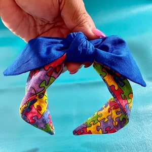 Autism Awareness Puzzle Piece Topknot Headband and Blue Bow