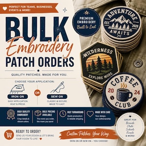 May include: An advertisement for custom embroidered patches. The image shows several patches with different designs, including a mountain scene, a coffee cup, and the text "Adventure Awaits." The text on the advertisement promotes bulk patch orders.