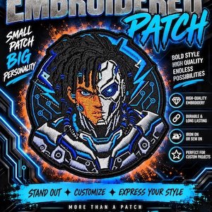 May include: A circular embroidered patch featuring a split-face character design with one side showing a human face with dark dreadlocks and the other side a metallic cyborg face with a glowing blue eye, set against a black background with blue circuitry.
