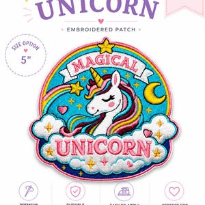 May include: A circular embroidered patch featuring a white unicorn with a yellow horn and a multi-colored mane against a blue background. The design includes a rainbow, stars, a crescent moon, and clouds with the text MAGICAL UNICORN. Size option 5 inches.