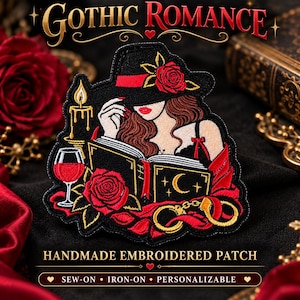 Gothic Romance Embroidered Patch | Witchy Woman, Roses, Moon, Book (Sew-On/Iron-On)
