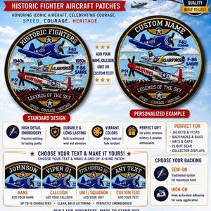 May include: A circular embroidered patch featuring three historic fighter aircraft: a blue F4U Corsair, a silver F-86 Sabre, and a red and silver P-51 Mustang. The design includes the text Legends of the Sky, Speed, Courage, Heritage, and stars.