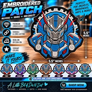 May include: A circular embroidered patch featuring a stylized robot head in blue, white, and red, measuring 5.5 inches by 5.5 inches. The design includes gear-like edges and sharp geometric lines. Multiple color variations are shown below the main patch.