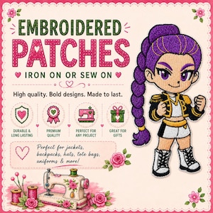 May include: An embroidered patch featuring a cartoon character with long purple hair in a ponytail, wearing a black and white jacket, shorts, and boots. The text reads EMBROIDERED PATCHES IRON ON OR SEW ON, High quality. Bold designs. Made to last.