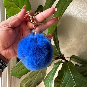 May include: A blue fluffy pom-pom keychain attached to a gold key ring.