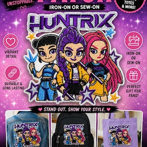 May include: An embroidered iron-on or sew-on patch featuring the text HUNTRIX above three cartoon characters with purple, pink, and black hair, surrounded by small star shapes. The patch is displayed on a denim jacket, a black backpack, and a tote bag.