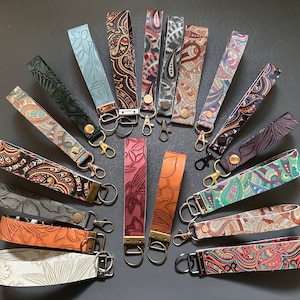 Floral Faux Leather Wristlet Keychain: Embossed Key Fob