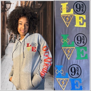 Embroidered Wizard LOVE Zip up Hoodie with Pockets, Sweater, Pullover, Wizarding World Sweatshirt and Vinyl Sleeve with name.