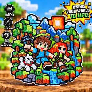 Puede incluir: Un parche bordado cuadrado con una escena pixelada de dos personajes, un lobo blanco, árboles, montañas y un sol. El texto "BRING YOUR WORLD TO LIFE!" aparece en la esquina superior derecha. El parche incluye iconos de planchado, costura y bordado de alta calidad.